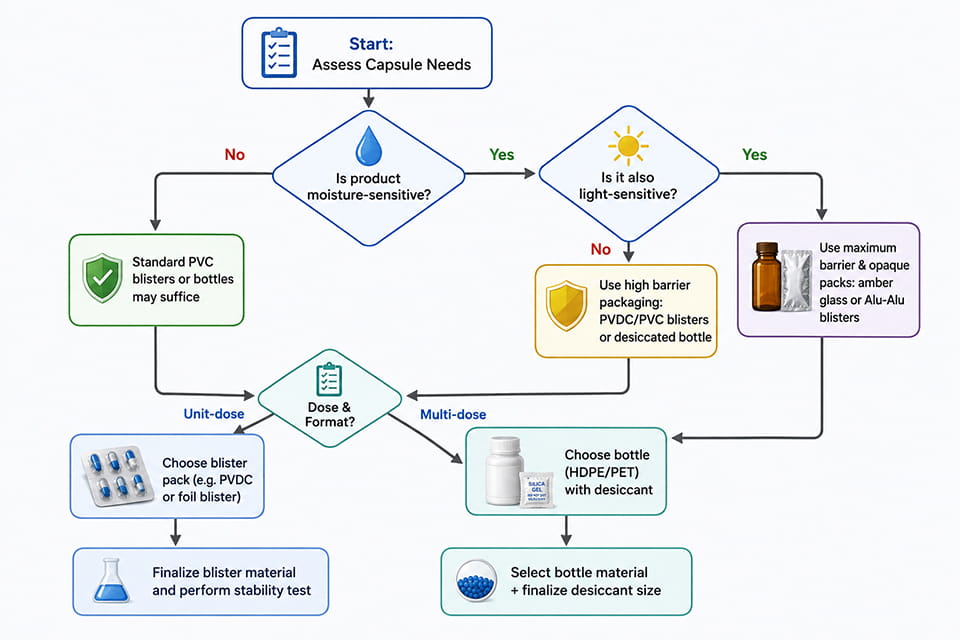 Moisture-sensitive capsule packaging decision tree showing how moisture and light sensitivity guide blister or bottle selection and stability testing.