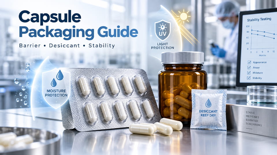 Moisture-sensitive capsule packaging guide showing blister packs, an amber capsule bottle, kurutucu, moisture and light protection, and stability testing.