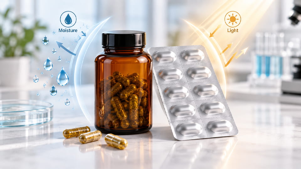 Amber medicine bottle and aluminum blister pack containing capsules, illustrating moisture and light protection in pharmaceutical packaging.