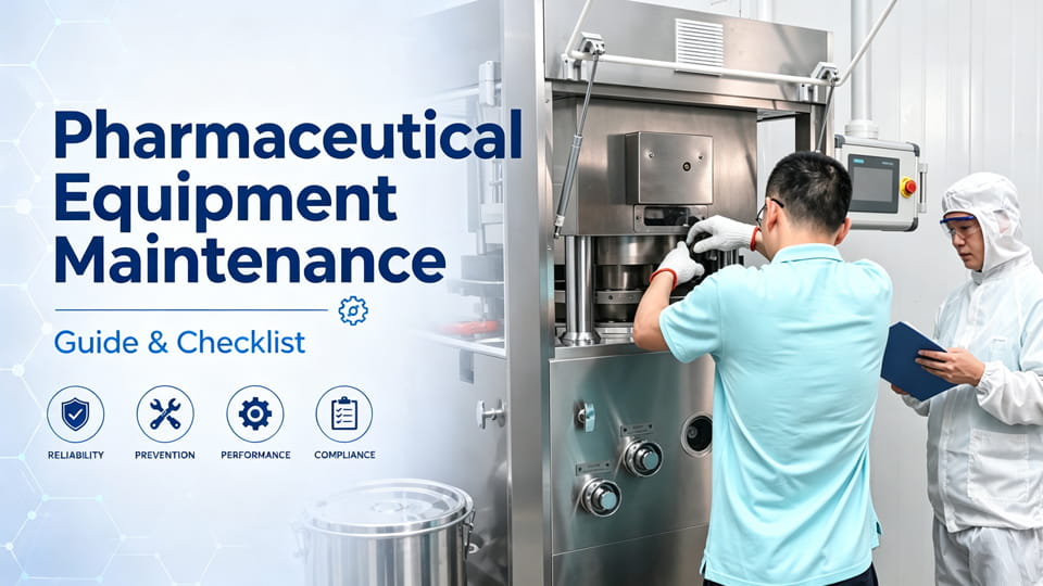 Technicians performing pharmaceutical equipment maintenance and inspection on a tablet machine