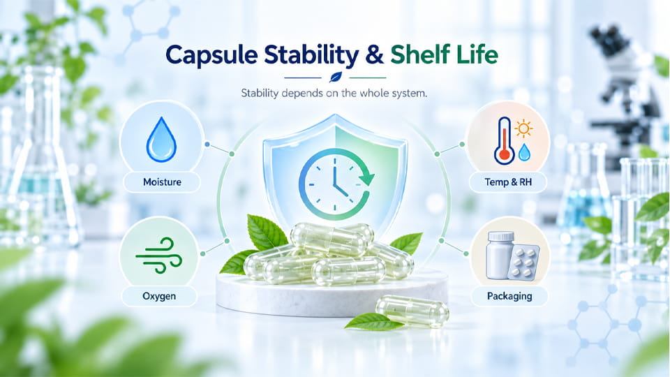 Infographic showing capsule stability and shelf life factors, including moisture, oxygen, temperature and humidity, and packaging.