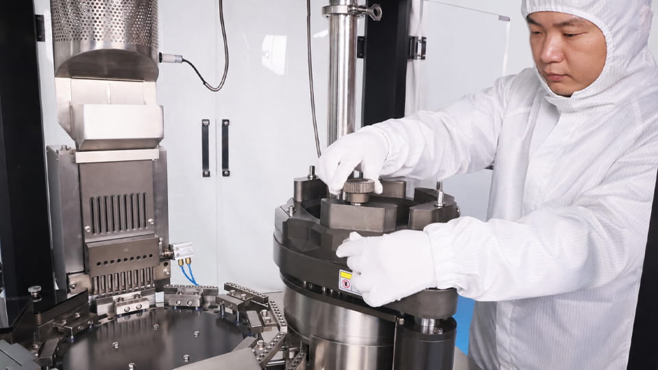 Technician inspecting and adjusting pharmaceutical equipment during preventive maintenance