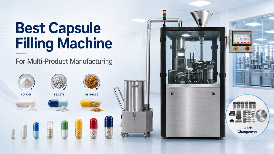 Capsule filling machine for multi-product pharmaceutical manufacturing with different capsule sizes, filling materials and quick-change tooling.