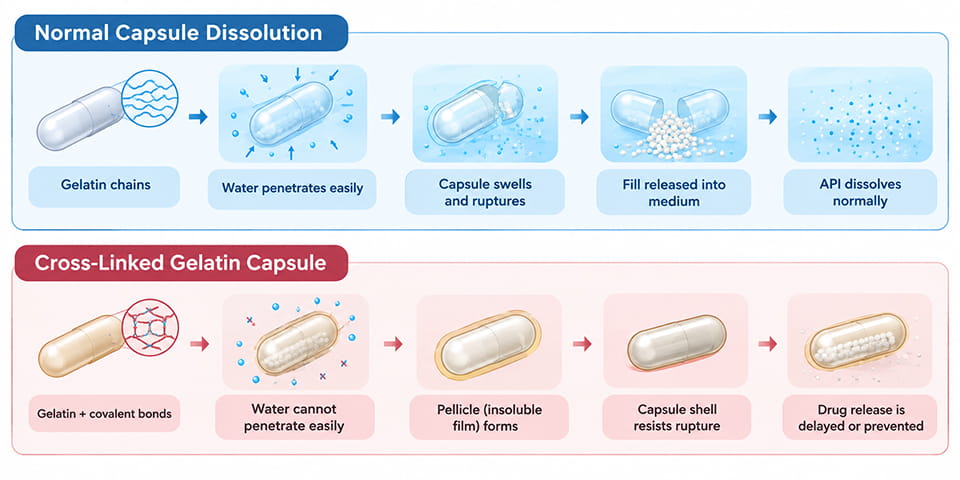 Flowchart comparing normal capsule dissolution with gelatin cross-linking that forms a pellicle and causes capsule dissolution failure.