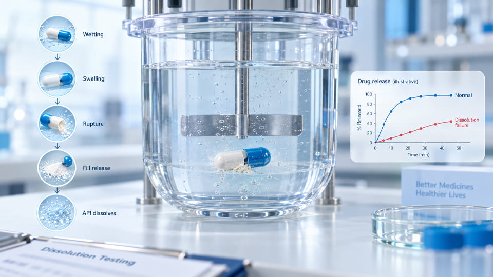 Capsule dissolution failure illustrated by a dissolution test showing incomplete capsule rupture, delayed drug release, and normal versus failed dissolution profiles.