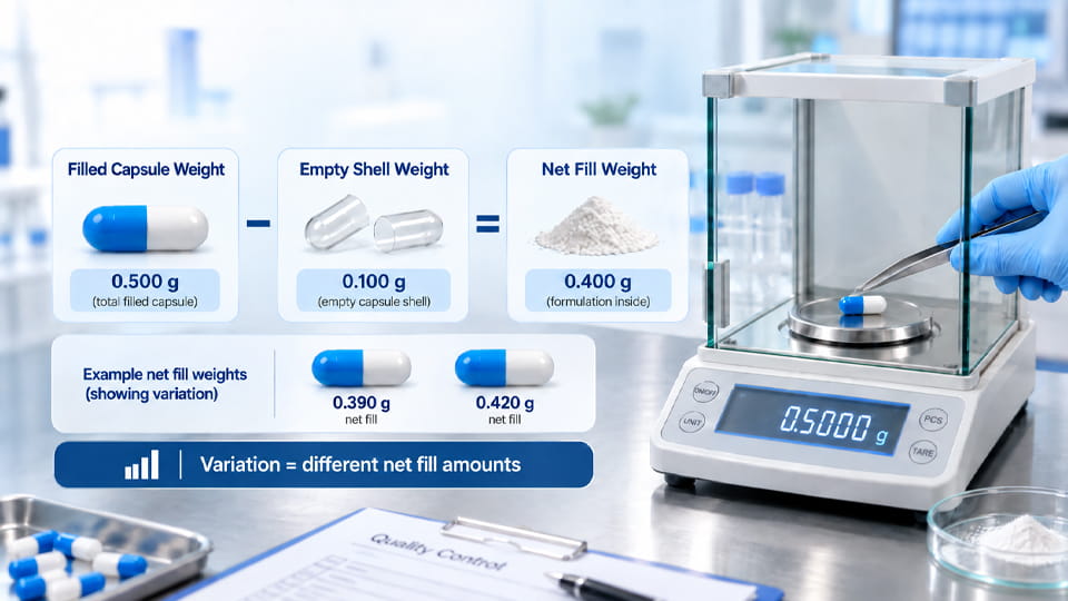 Capsule fill weight variation explained by measuring filled capsule weight, empty shell weight and net fill weight on an analytical balance