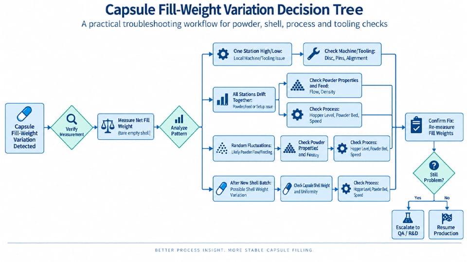 Capsule fill-weight variation troubleshooting decision tree for checking powder, capsule shell, filling process and machine tooling