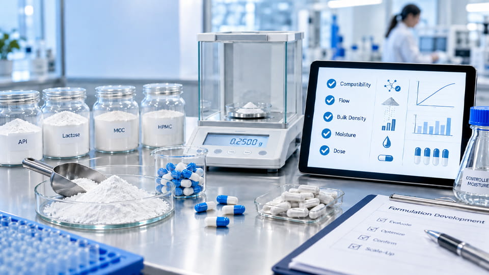 Capsule formulation scale-up optimization evaluating powder flow, объемная плотность, moisture and dose consistency