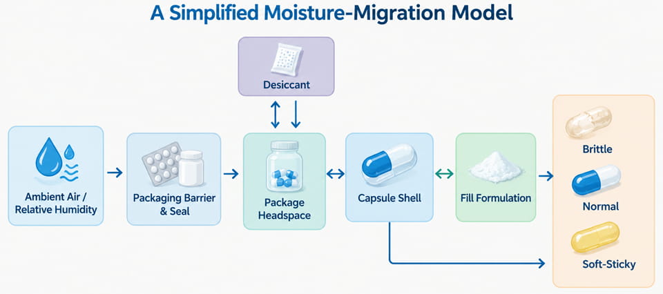 Flowchart showing how humidity and packaging affect capsule moisture and cause brittle, normal, or soft-sticky capsules