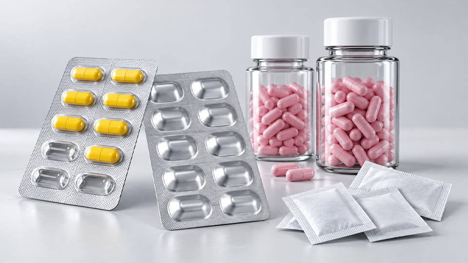Alu-plastic blister, alu-alu blister, bottle and desiccant packaging used to protect capsules from moisture damage and maintain storage stability.