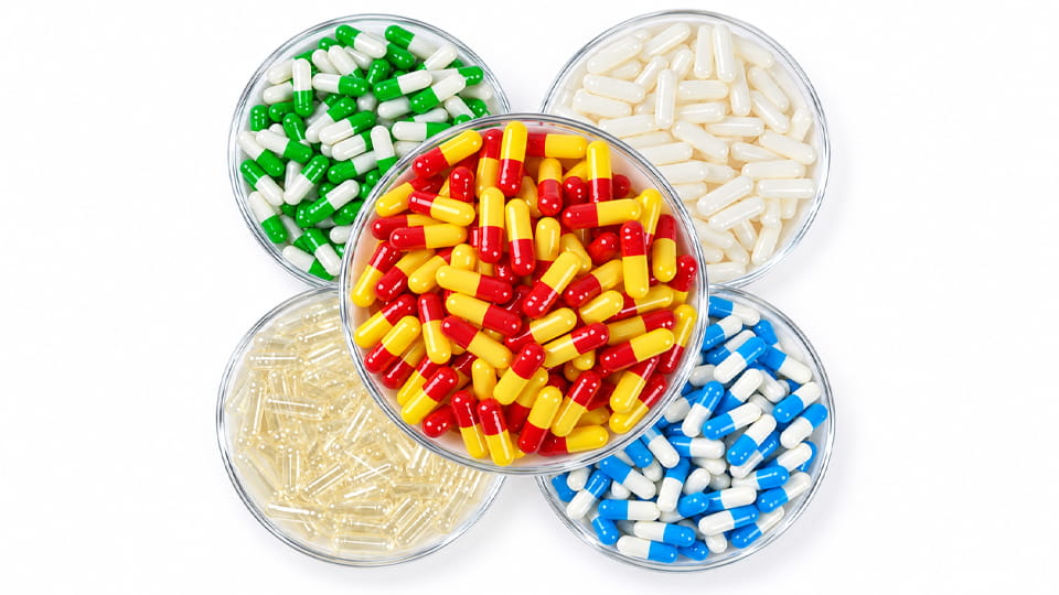Different hard capsule shells in clear glass bowls for capsule shell selection