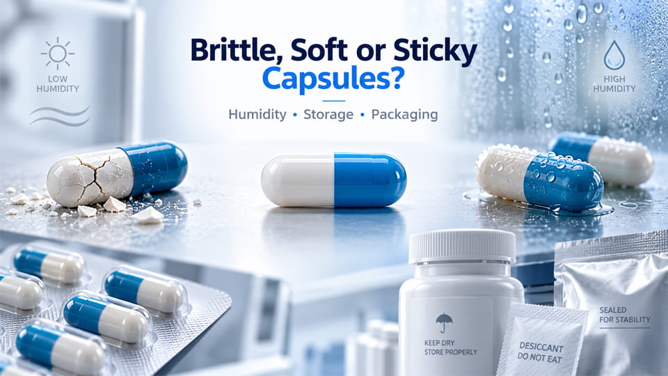 Capsules become brittle in low humidity and soft or sticky in high humidity, showing the importance of proper storage and moisture barrier packaging.