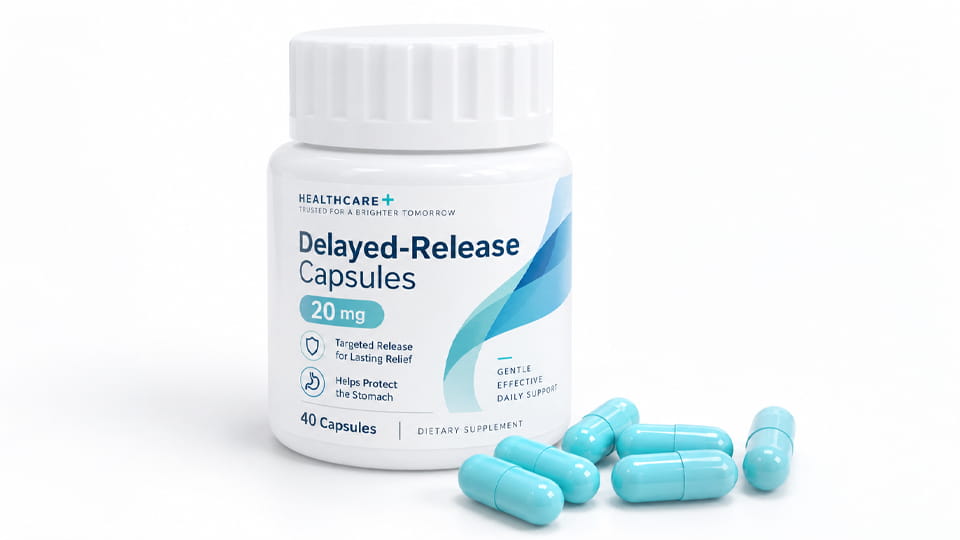 Delayed-release capsules in a pharmaceutical product image with a white bottle and blue capsules.