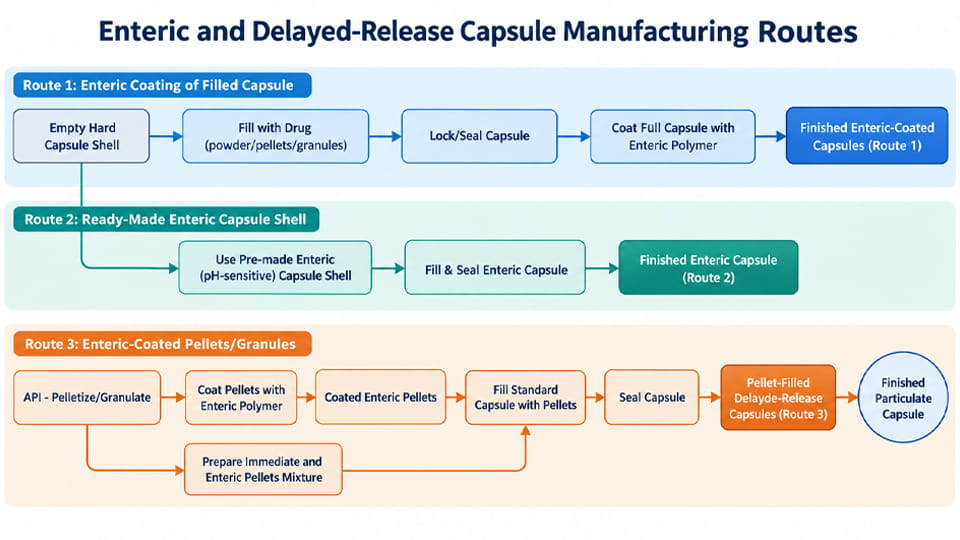 Delayed-release vs enteric-coated capsule manufacturing routes comparing coated capsules, ready-to-fill enteric shells, and enteric-coated pellets.