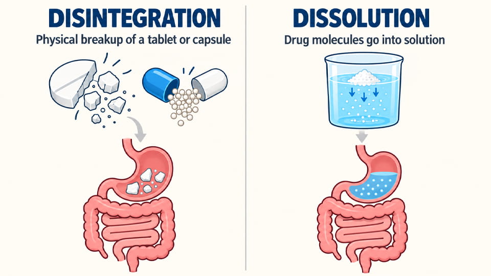 Disintegration vs dissolution illustration showing the physical breakup of tablets and capsules compared with drug molecules dissolving into solution.