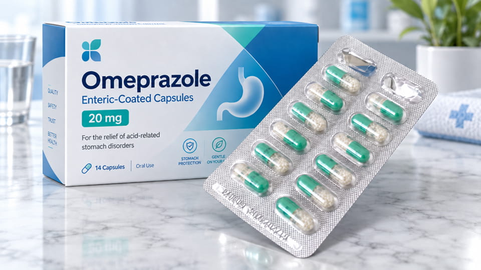 Enteric-coated capsules with delayed-release pellets shown in pharmaceutical blister packaging.