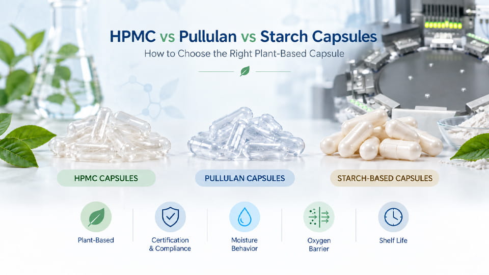 HPMC vs Pullulan vs Starch Capsules comparison guide for choosing the right plant-based capsule based on formulation, certification, shelf life, and filling compatibility