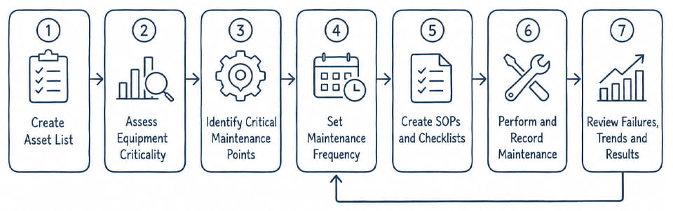 Seven-step pharmaceutical equipment maintenance workflow from asset listing to maintenance review and optimization