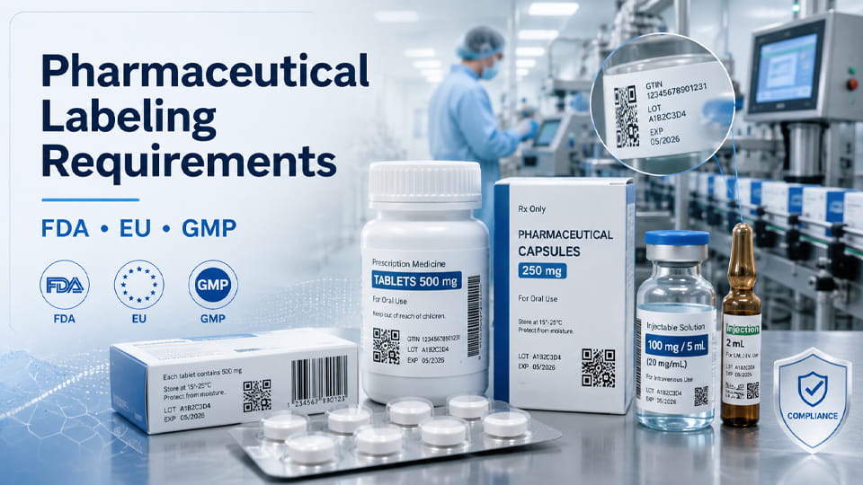 Wymagania dotyczące etykietowania produktów farmaceutycznych dla FDA, Opakowania leków zgodne z UE i GMP, łącznie z butelkami, Pakiety pęcherzy, kartony, kody kreskowe i serializacja.