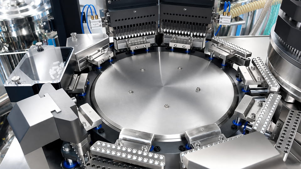 Automatic capsule filling machine used for production-scale filling trials during capsule manufacturing scale-up