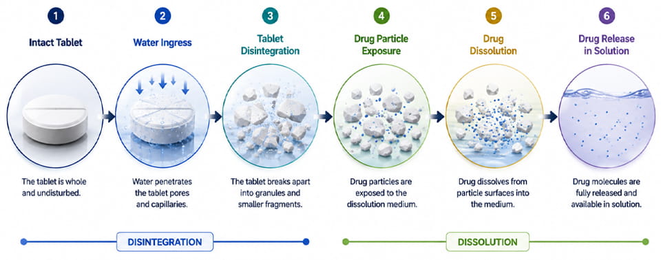 Tablet disintegration and dissolution process from water penetration to drug release