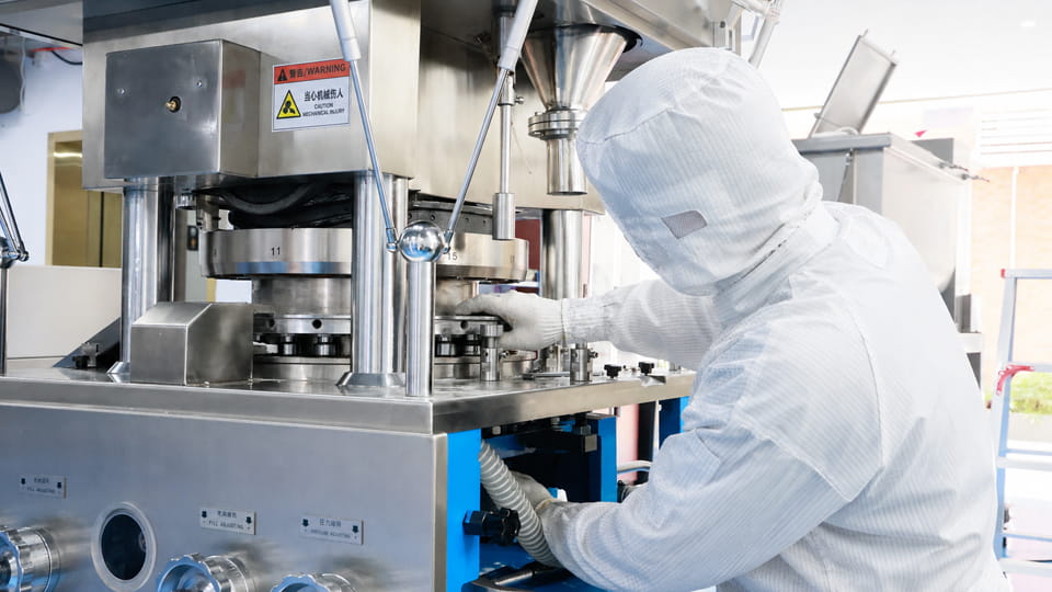 Technician performing tablet press maintenance and inspecting internal machine components