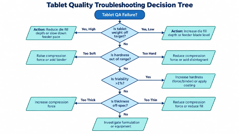 Tablet quality attributes troubleshooting decision tree showing how to identify and correct tablet weight, 硬度, もろさ, and thickness problems during compression.