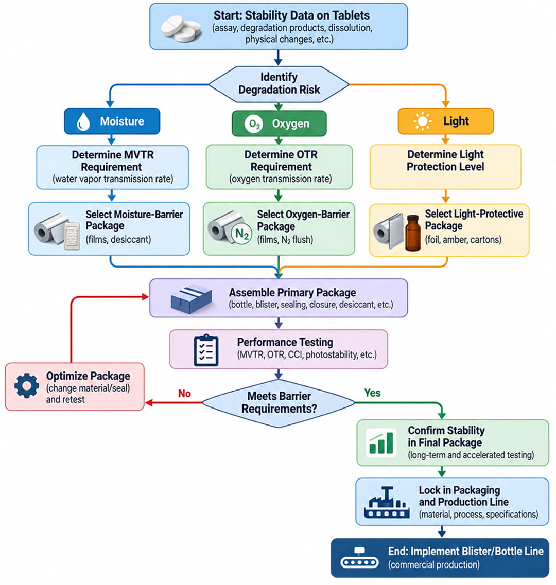 Decision flowchart showing how tablet stability data guide moisture, oxygen, and light barrier packaging selection and verification