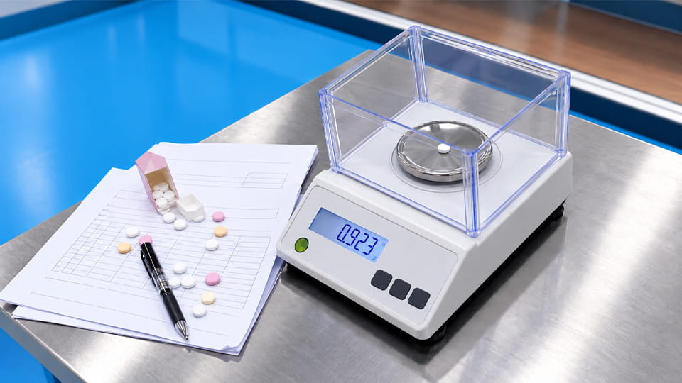 Laboratory electronic balance weighing a single round tablet beside quality control records and tablet samples during pharmaceutical tablet manufacturing.