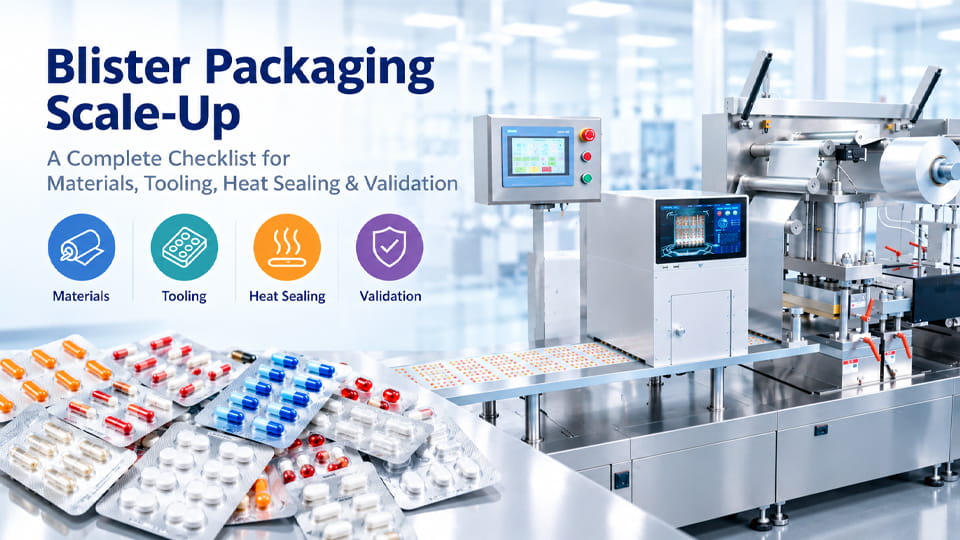 Blister packaging machine with pharmaceutical blister packs, capsules and tablets, illustrating materials, tooling, heat sealing and validation for production scale-up.