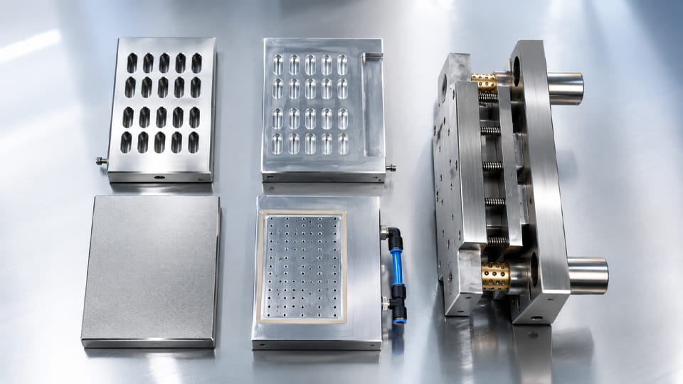 Blister packaging tooling with precision-machined cavity plates, forming molds and assembled metal mold components.