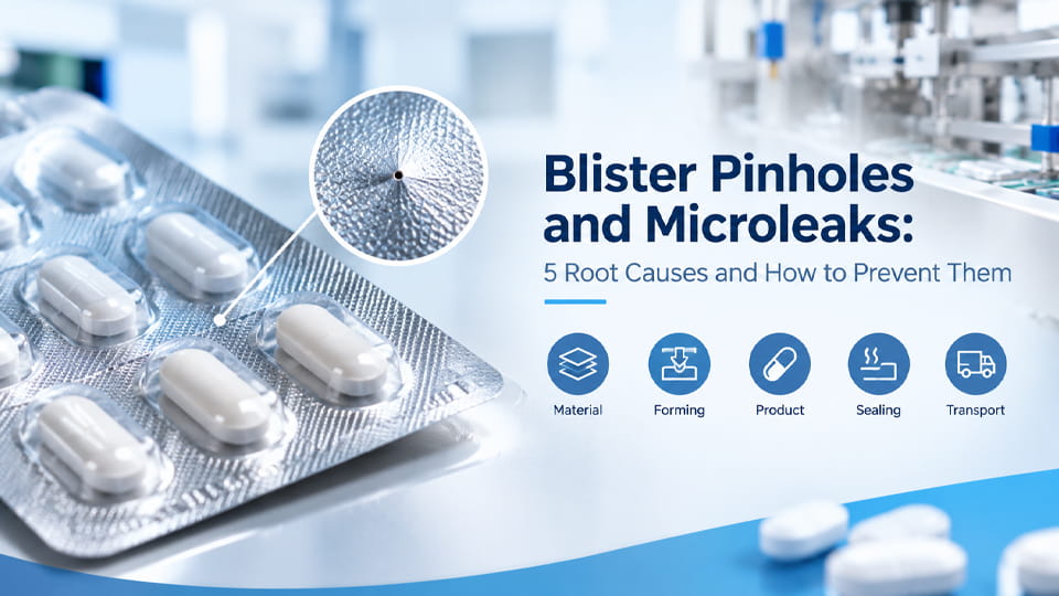 Pharmaceutical blister pack with a magnified pinhole defect, illustrating the causes of blister pinholes and microleaks.