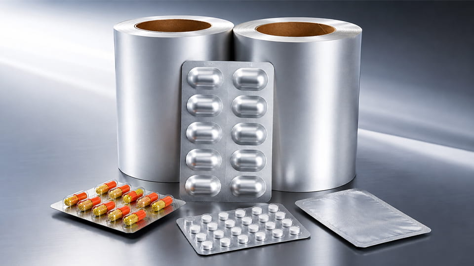 Pharmaceutical blister packaging materials, including aluminum foil rolls and blister packs with capsules and tablets.