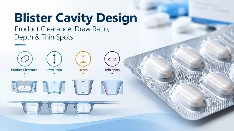 Blister cavity design showing product clearance, draw ratio, boşluk derinliği, and thin spots in thermoformed pharmaceutical blister packaging.
