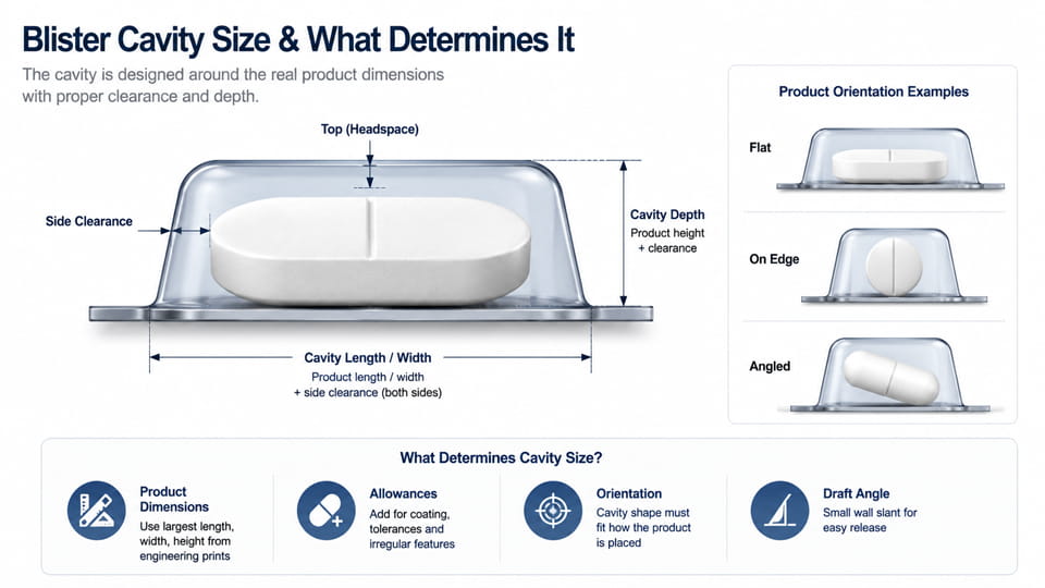 Blister cavity size diagram showing tablet clearance, cavity length, Genişlik, derinlik, and product orientation.