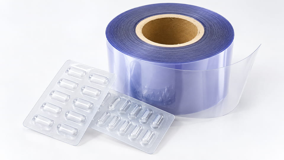 Transparent blister film roll and formed cavities for pharmaceutical blister packaging.