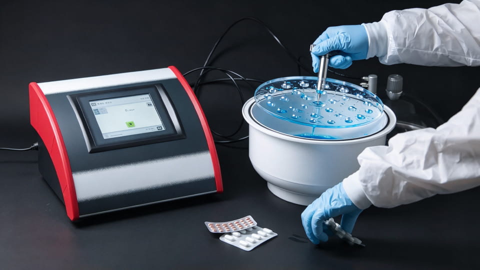 Dye penetration leak testing of pharmaceutical blister packs using a vacuum test chamber and laboratory analyzer.