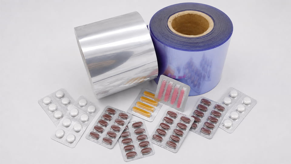 Pharmaceutical blister packaging films and foil rolls with tablet blister samples.