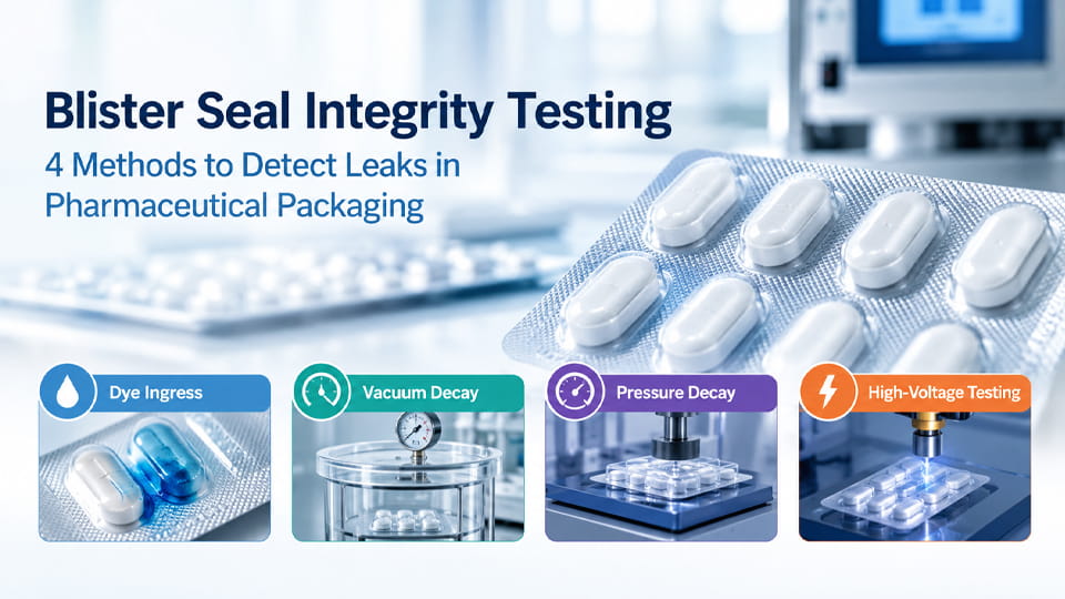 Blister seal integrity testing showing four pharmaceutical packaging leak detection methods: wnikanie barwnika, zanik próżni, spadek ciśnienia, and high-voltage testing.