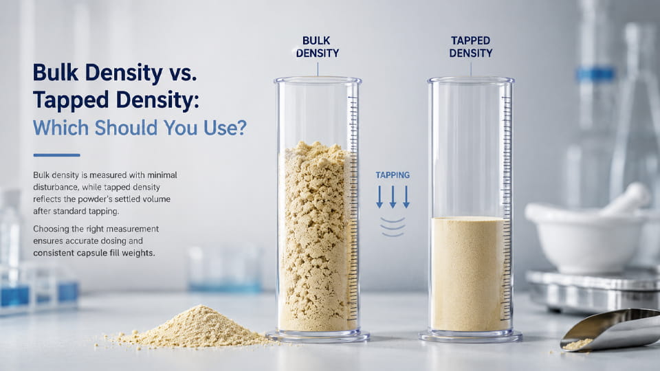Comparison of bulk density and tapped density using graduated cylinders filled with powder before and after tapping.