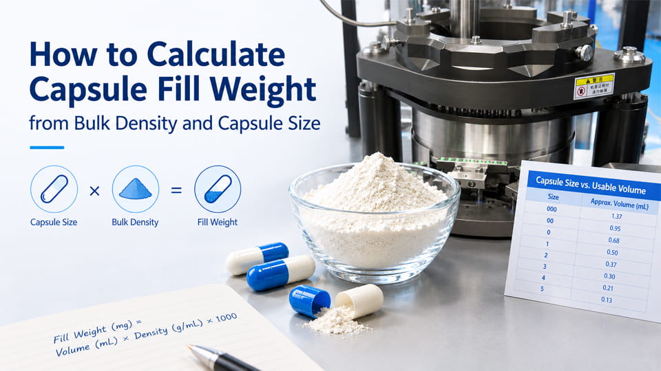 Capsule fill weight calculation using bulk powder density and capsule size, with a pharmaceutical capsule filling machine.