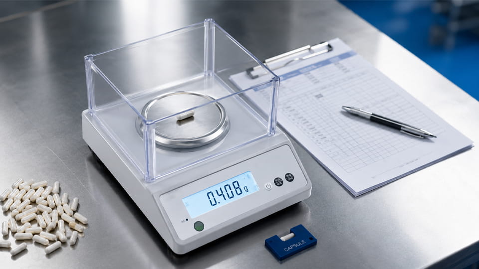 Precision balance weighing a capsule to illustrate the capsule fill weight formula and measurement process.
