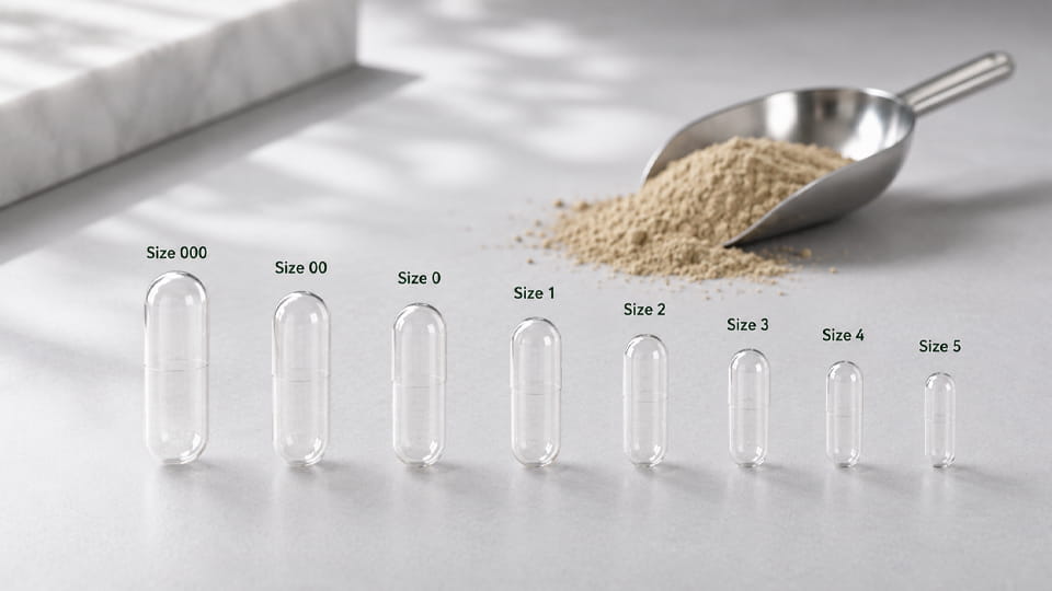 Transparent capsule shells in sizes 000 to 5 beside a scoop of powder for estimating capsule fill weight by bulk density.
