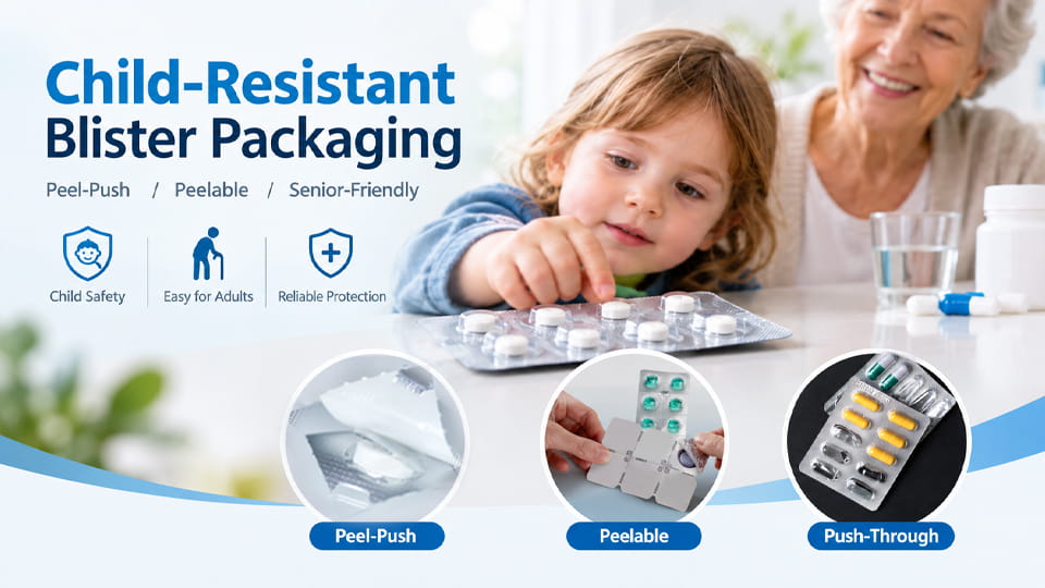 Child-resistant blister packaging featuring peel-push, abziehbar, and push-through designs for child safety and senior-friendly use.