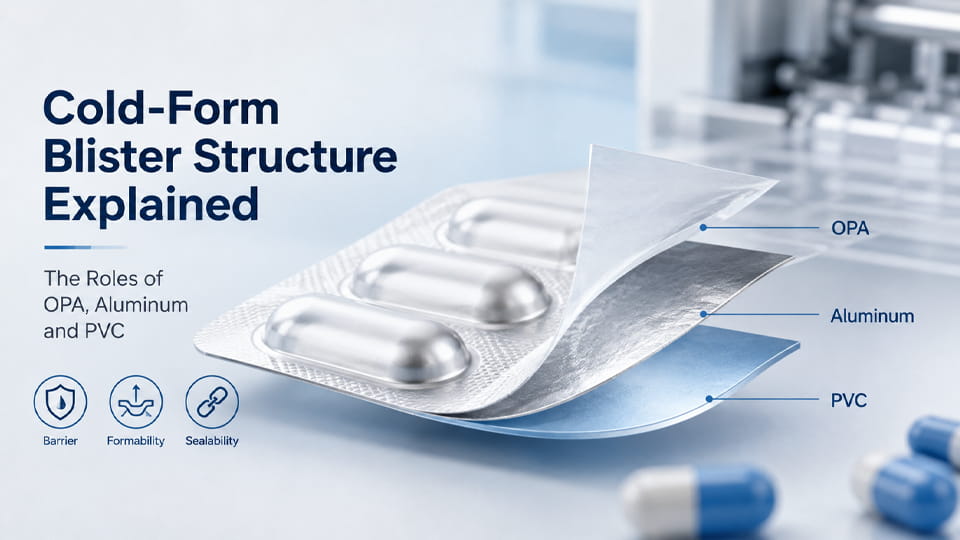 Cold-form blister packaging structure showing the OPA, aluminum, and PVC layers.
