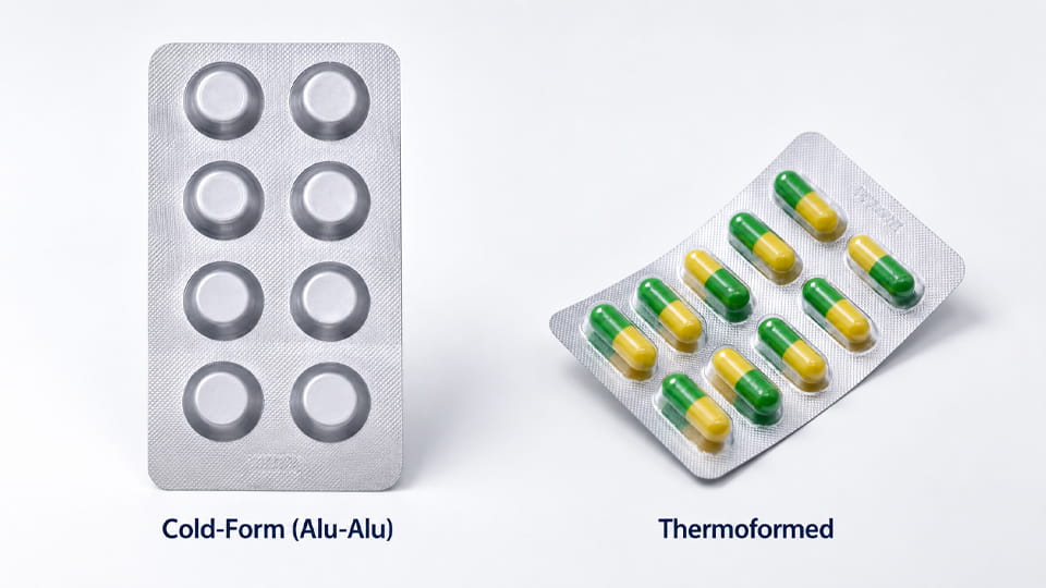Comparison of cold-form Alu-Alu blister packaging and clear thermoformed blister packaging for pharmaceutical capsules.