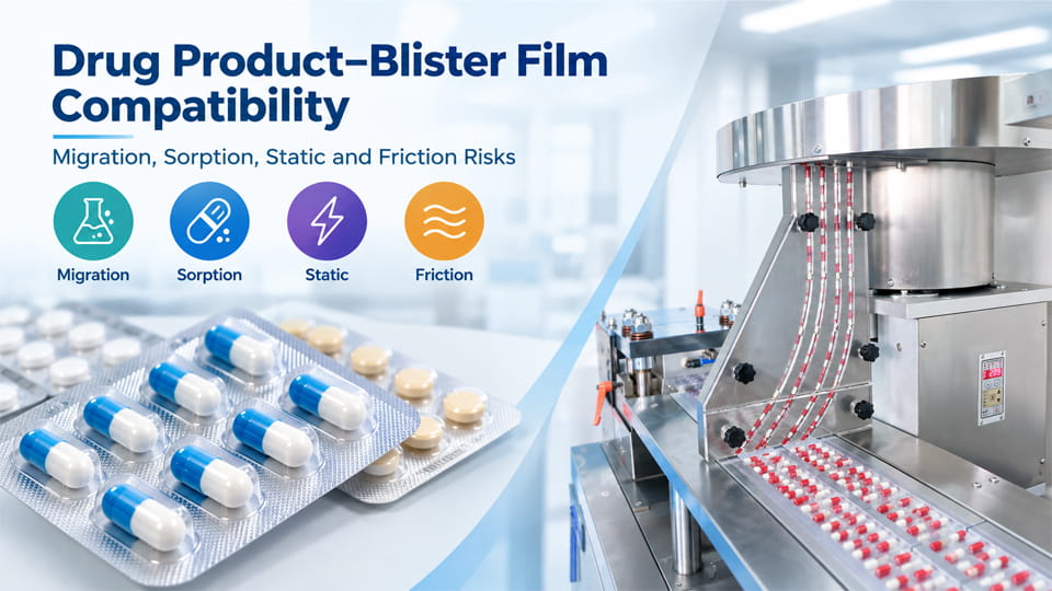 Drug product blister film compatibility risks, including migration, sorption, static electricity and friction, illustrated with pharmaceutical blister packs and packaging equipment.