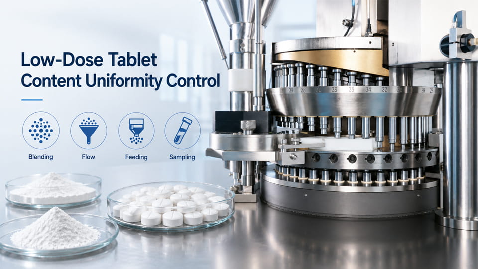 Stainless steel rotary tablet press illustrating low-dose tablet content uniformity control, with powder, tablets, and icons for blending, flow, feeding, and sampling.