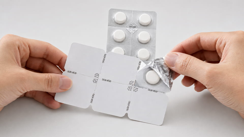 Hands peeling back the foil lid of a peelable blister pack to reveal a white tablet.
