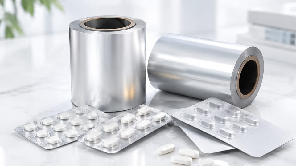 Plain aluminum lidding foil rolls and pharmaceutical tablet blister packs illustrating blister lidding foil used in medicine packaging.